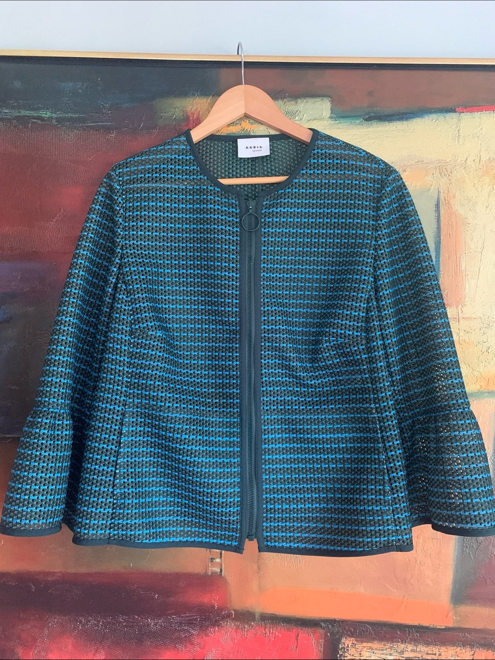 Akris Punto 3D Mesh Bell Sleeve Peplum Jacket Teal Green Black, US 14